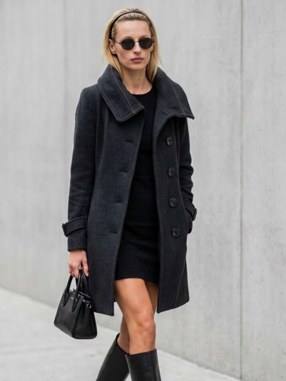 Soia & Kyo Ladylike Funnel Neck Black Wool Coat with Large Buttons Size XS